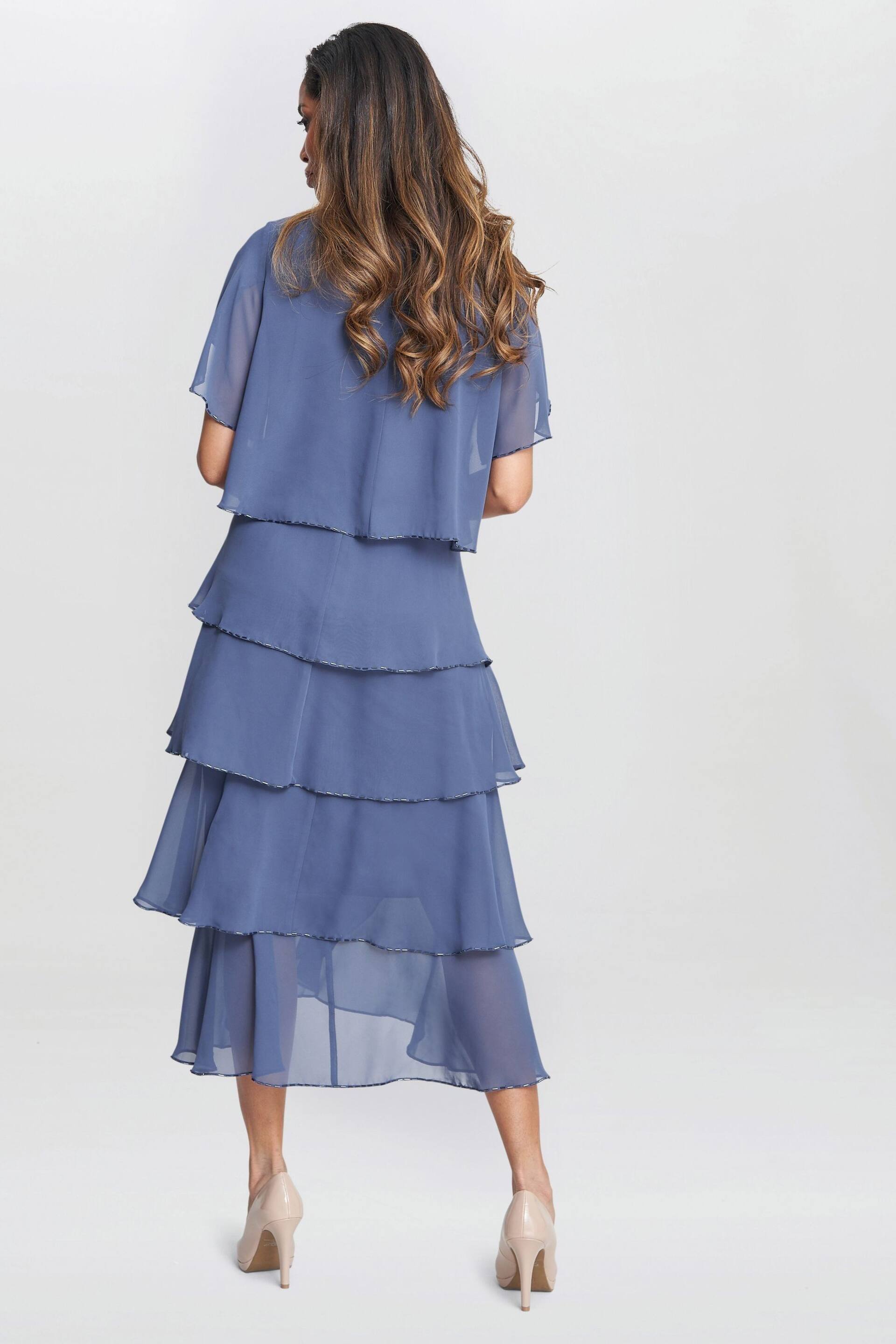 Gina Bacconi Blue Fleur Midi V-Neck Tier Dress With Bugle Beads - Image 2 of 5