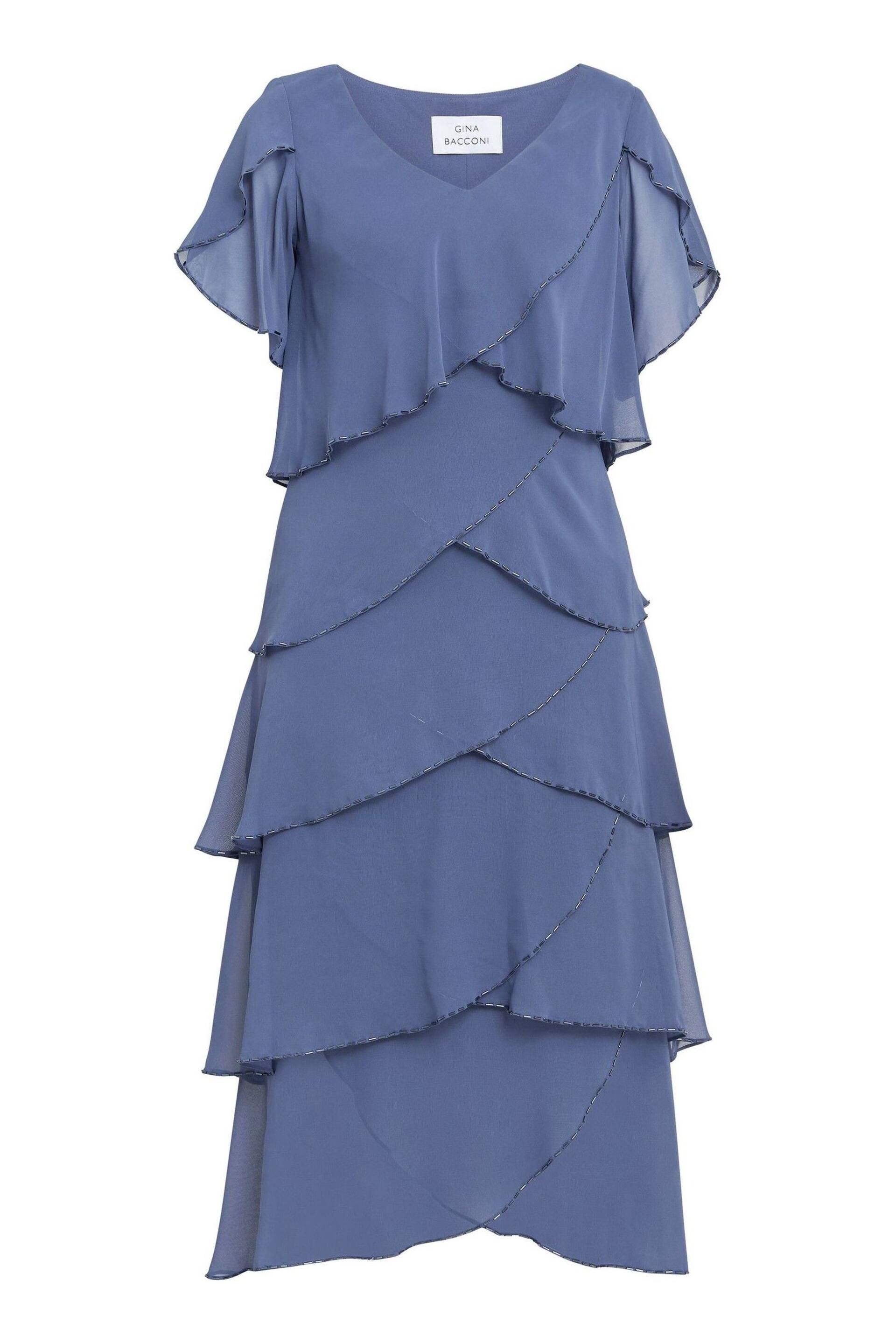 Gina Bacconi Blue Fleur Midi V-Neck Tier Dress With Bugle Beads - Image 5 of 5