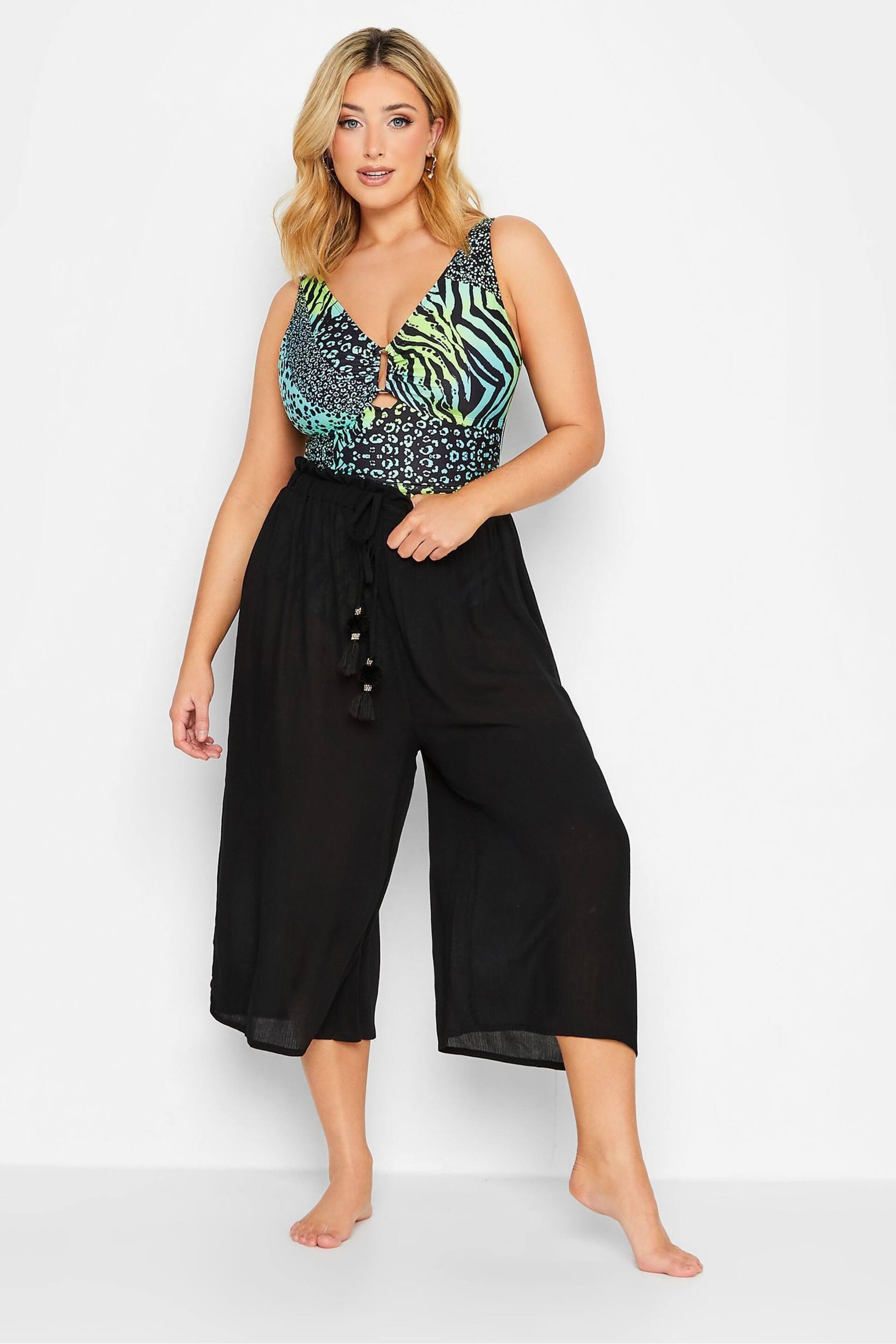 Yours Curve Black Tassel Detail Wide Leg Beach Culottes - Image 2 of 5