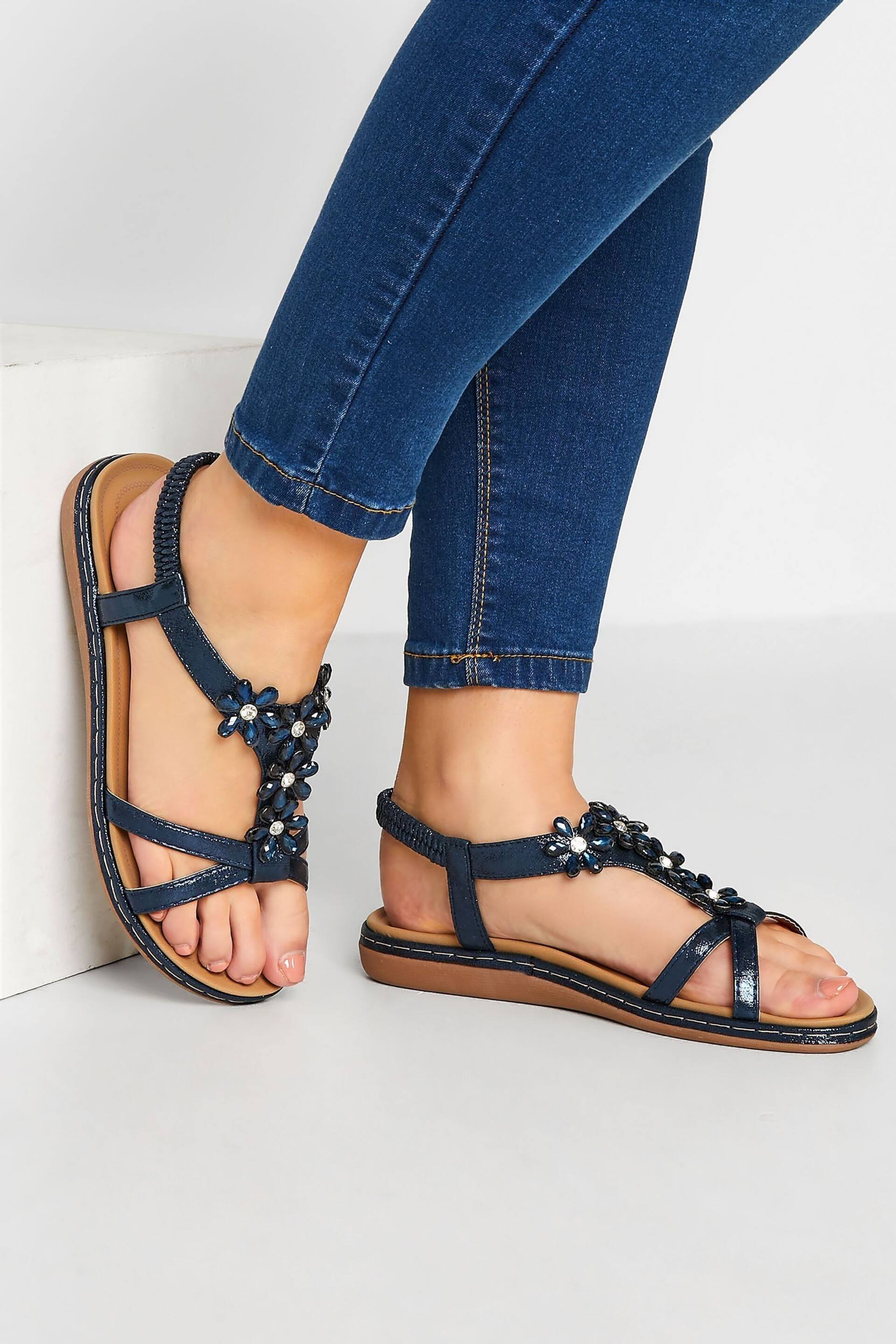 Yours Curve Blue Dark Wide Fit Wide Fit Diamante Flower Sandals - Image 1 of 5