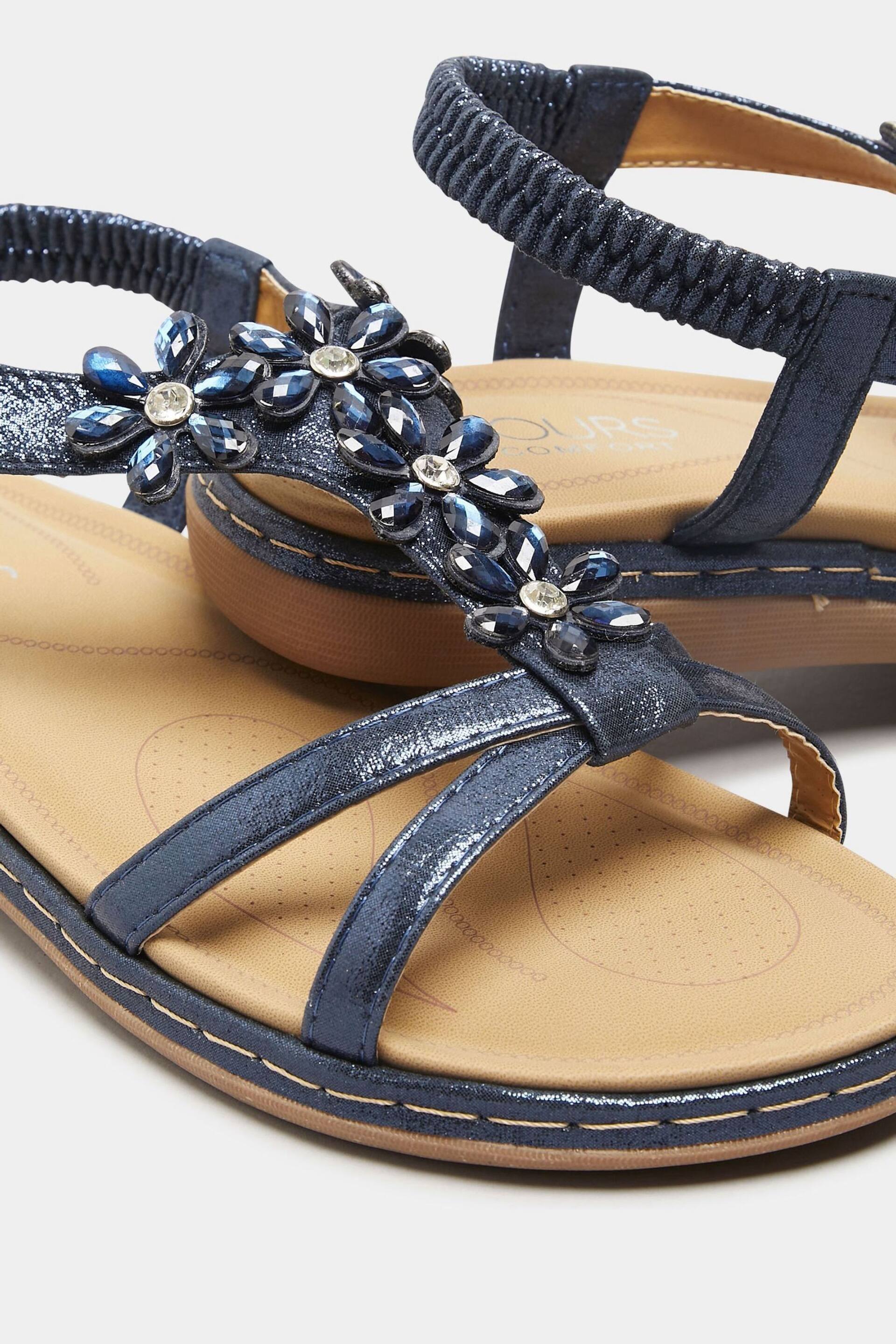 Yours Curve Blue Dark Wide Fit Wide Fit Diamante Flower Sandals - Image 5 of 5