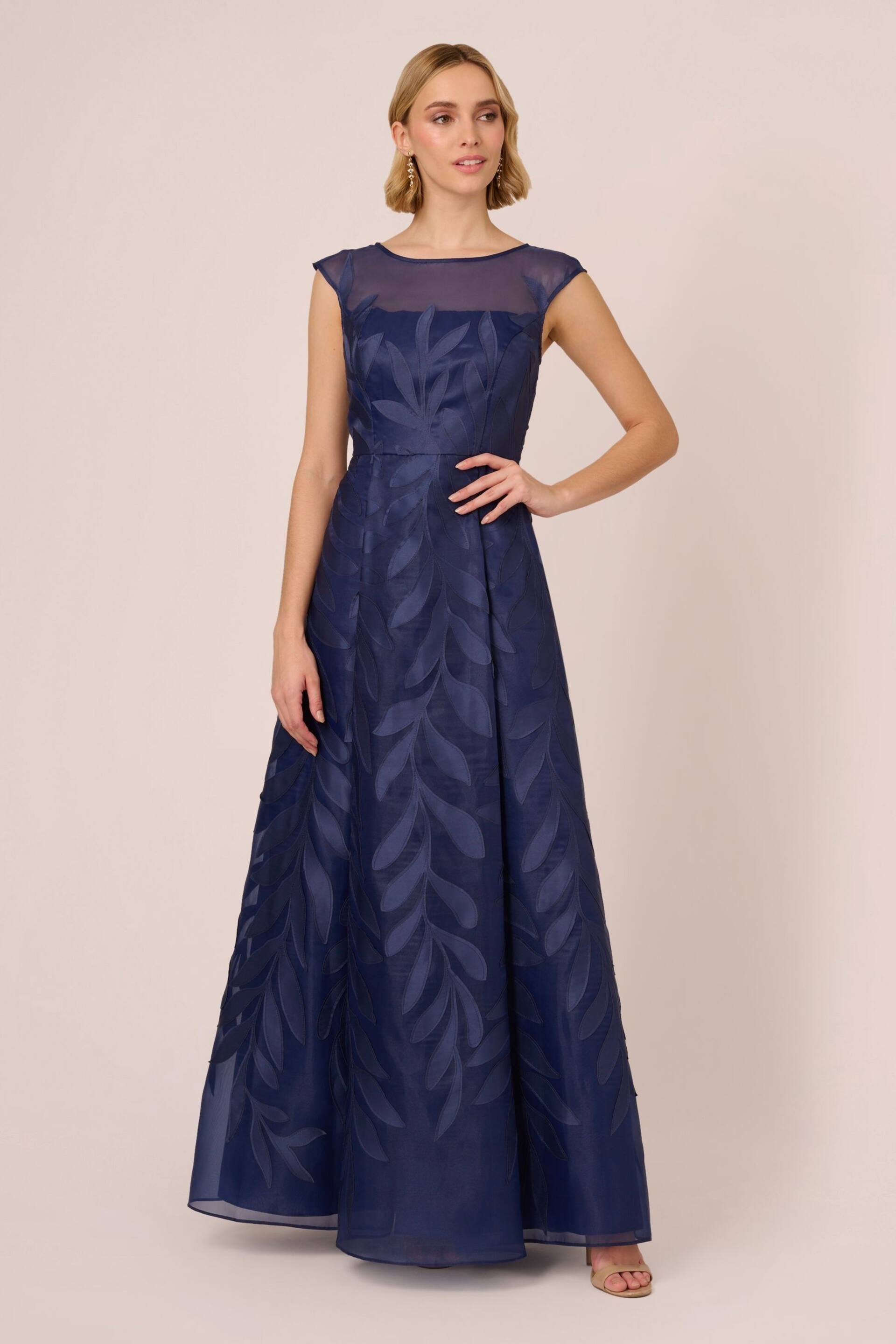 Adrianna Papell Blue Applique Organza Long Gown - Image 1 of 7