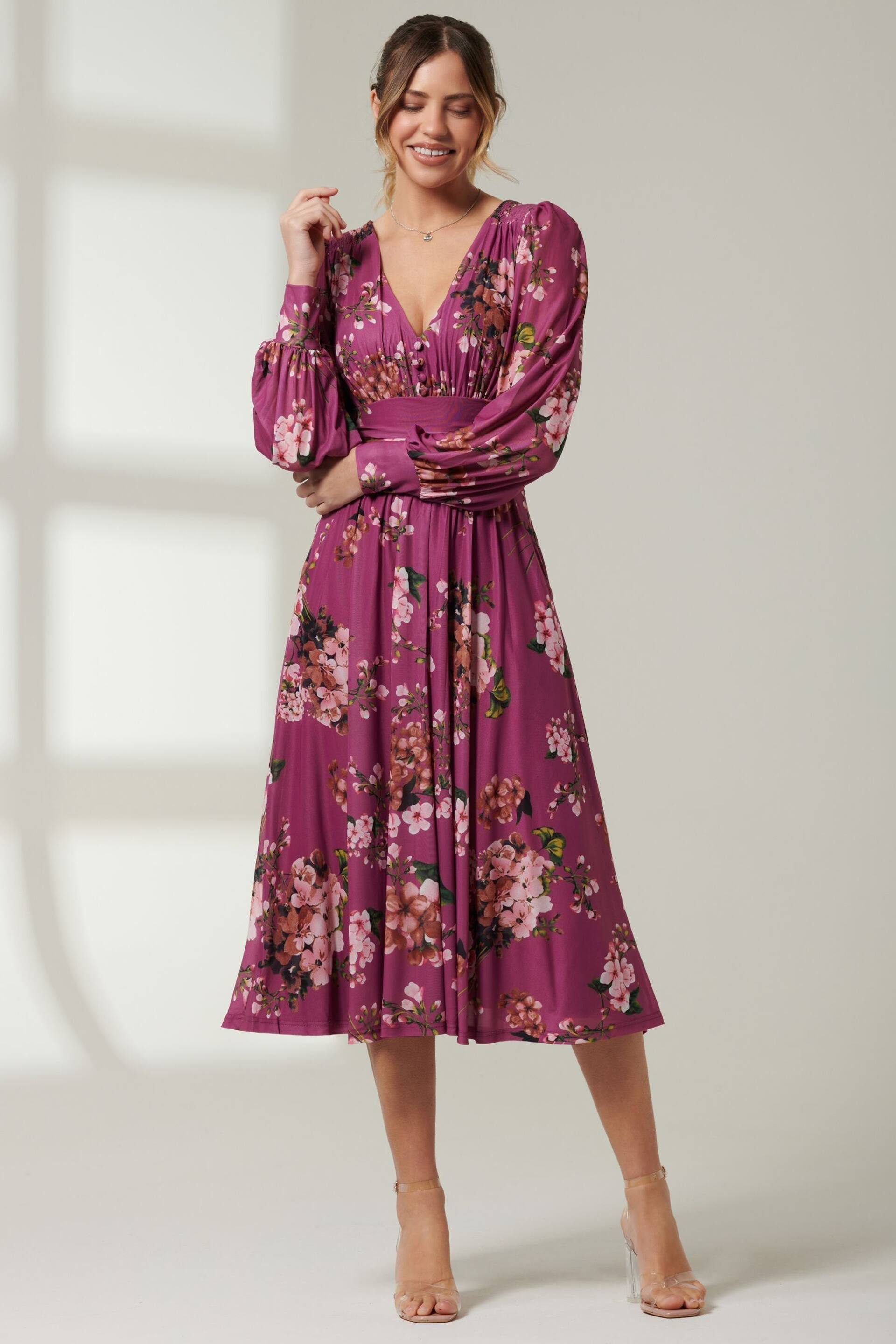 Jolie Moi Purple Long Sleeve Mesh Midi Dress - Image 6 of 6