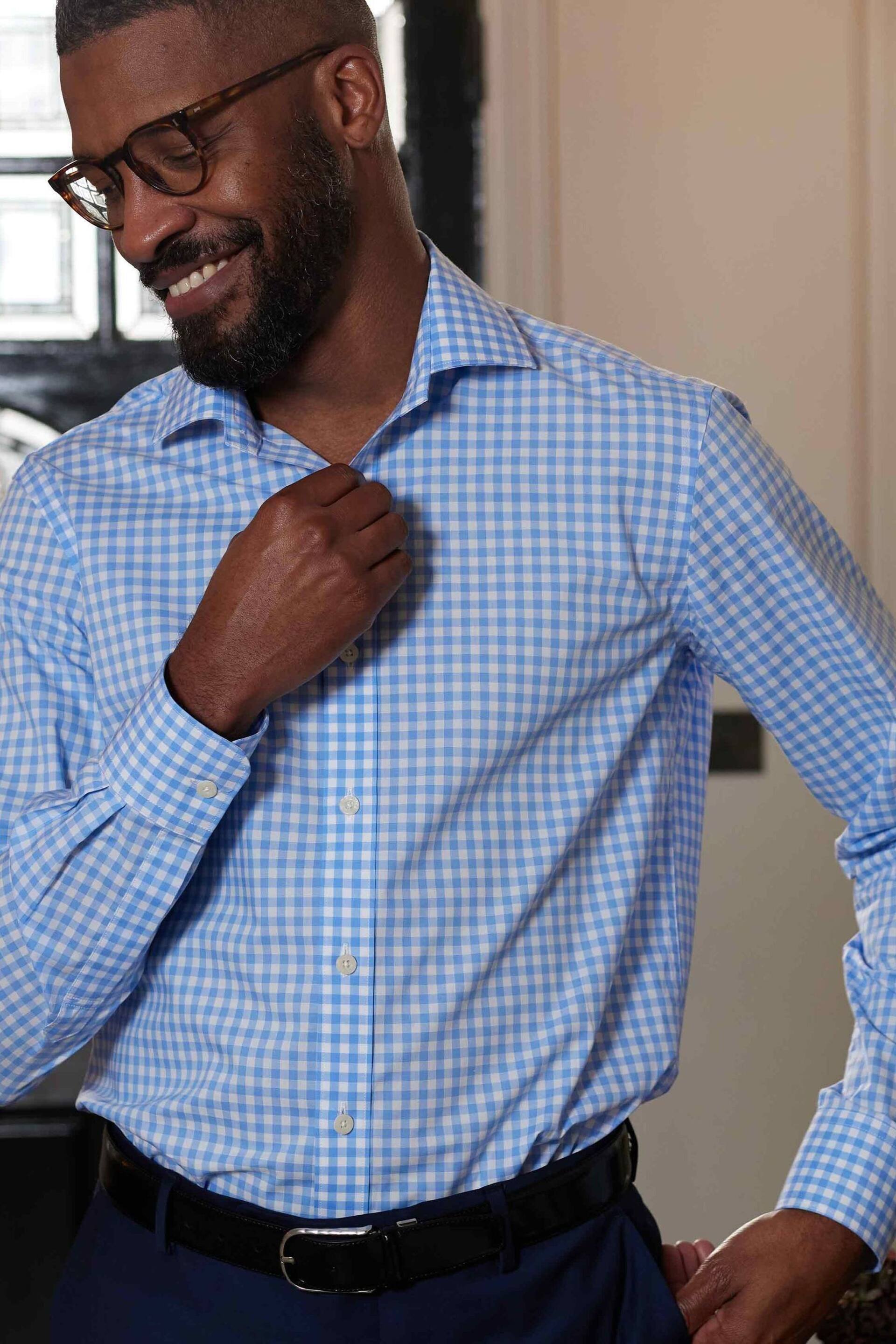 The Savile Row Company Slim Fit Blue Single Cuff Savile Row Check Shirt - Image 2 of 6