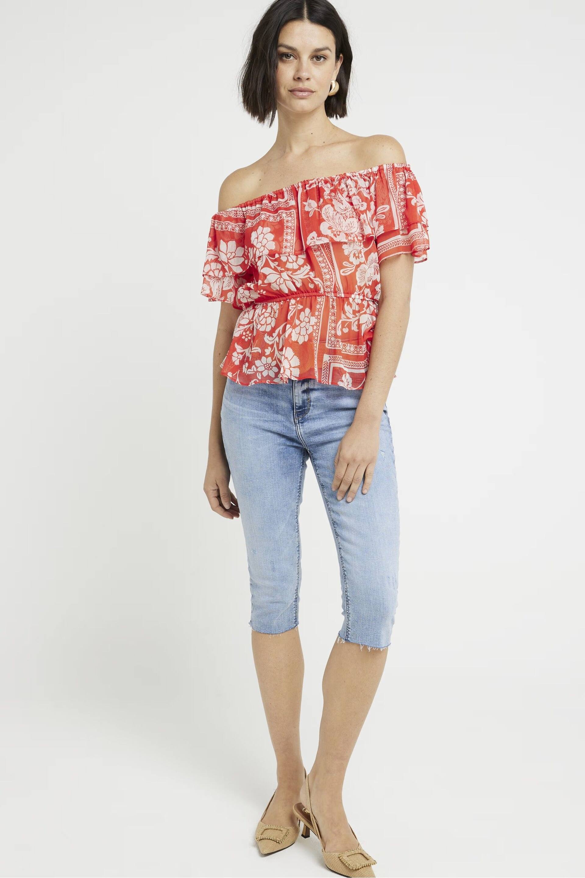 River Island Red Ruffle Frill Bardot Top - Image 2 of 6