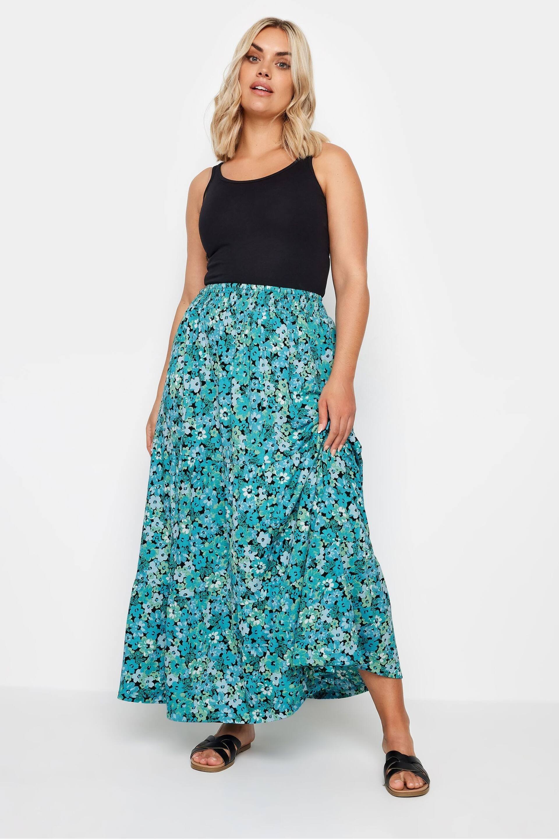 Yours Curve Blue Floral Print Textured Tiered Maxi Skirt - Image 1 of 4
