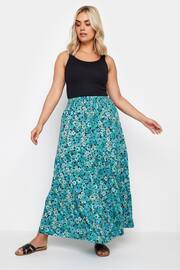 Yours Curve Blue Floral Print Textured Tiered Maxi Skirt - Image 2 of 4