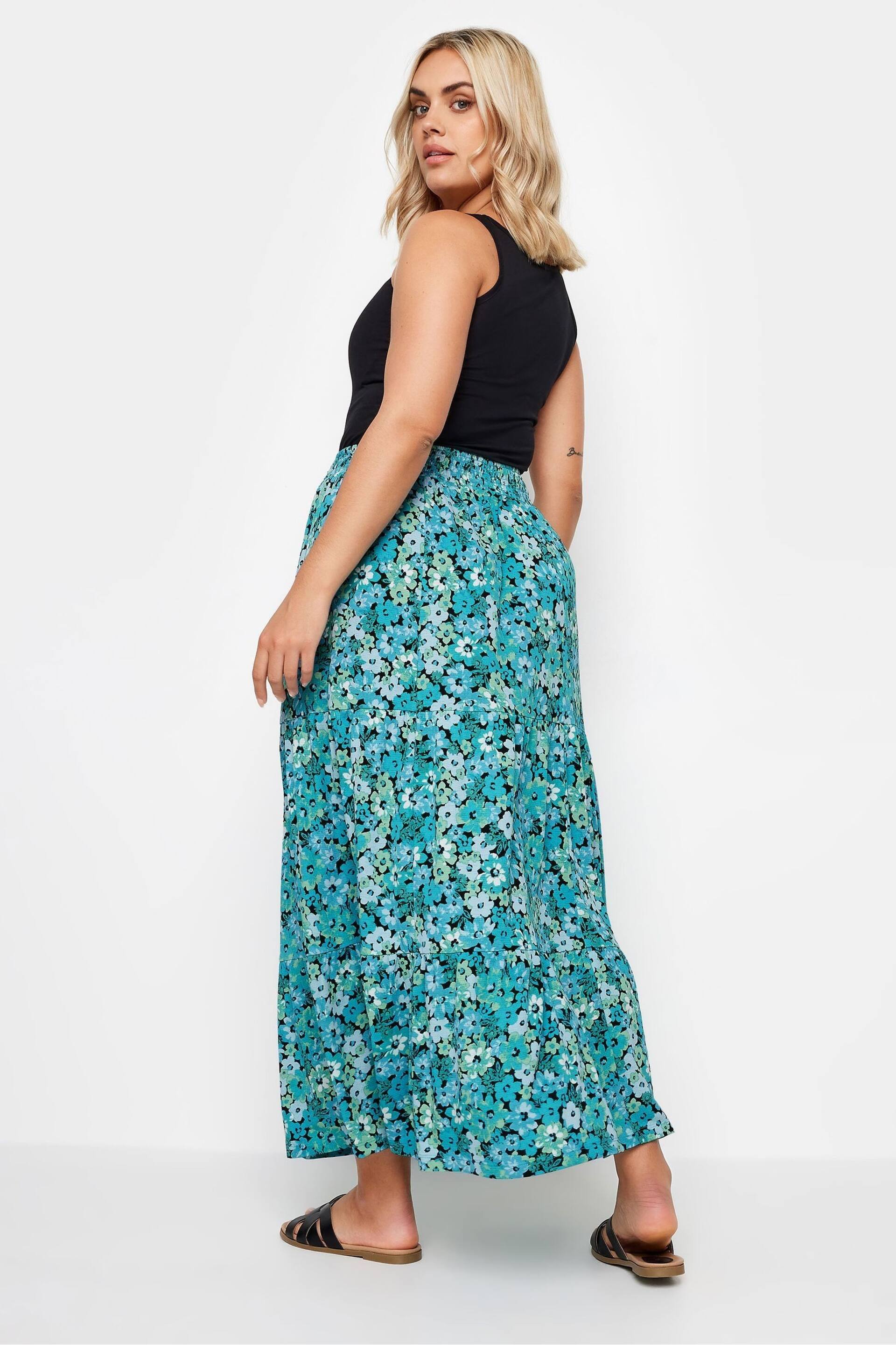 Yours Curve Blue Floral Print Textured Tiered Maxi Skirt - Image 3 of 4