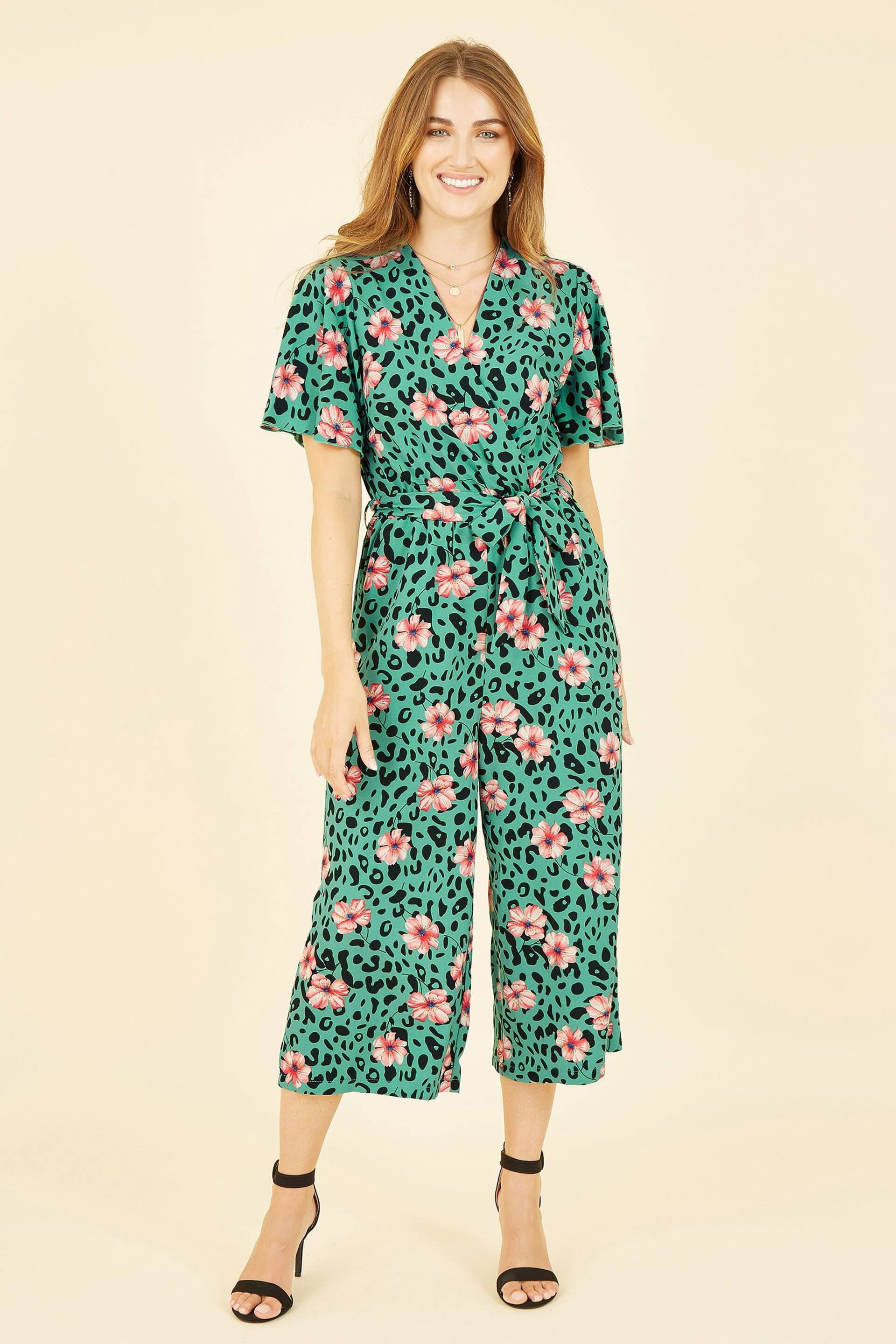 Mela Green Animal Print Jumpsuit With Angel Sleeves - Image 1 of 5