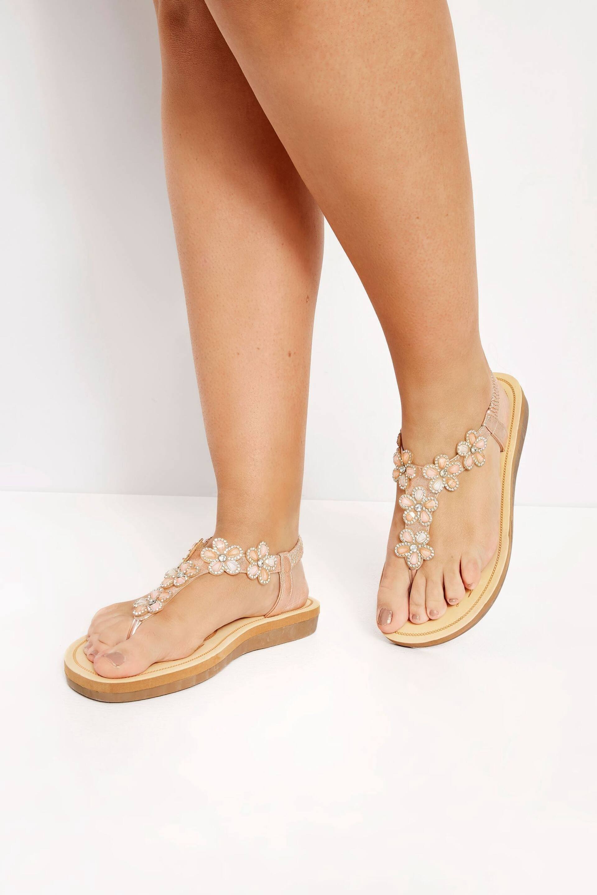 Yours Curve Gold Wide Fit Wide Fit Diamante Flower Sandals - Image 1 of 6