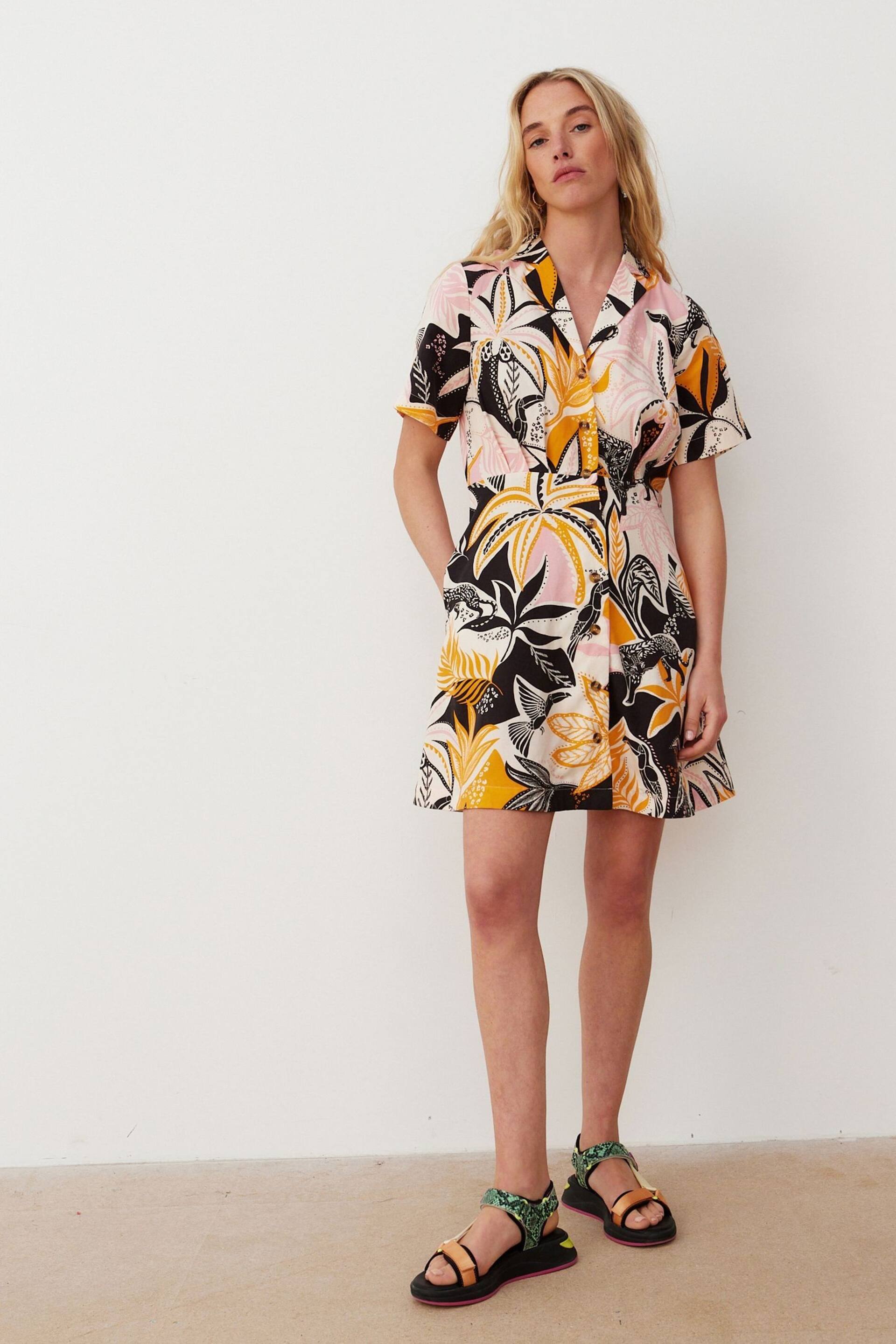 Oliver Bonas Pink And Orange Tropical Print Mini Black Shirt Dress - Image 2 of 8