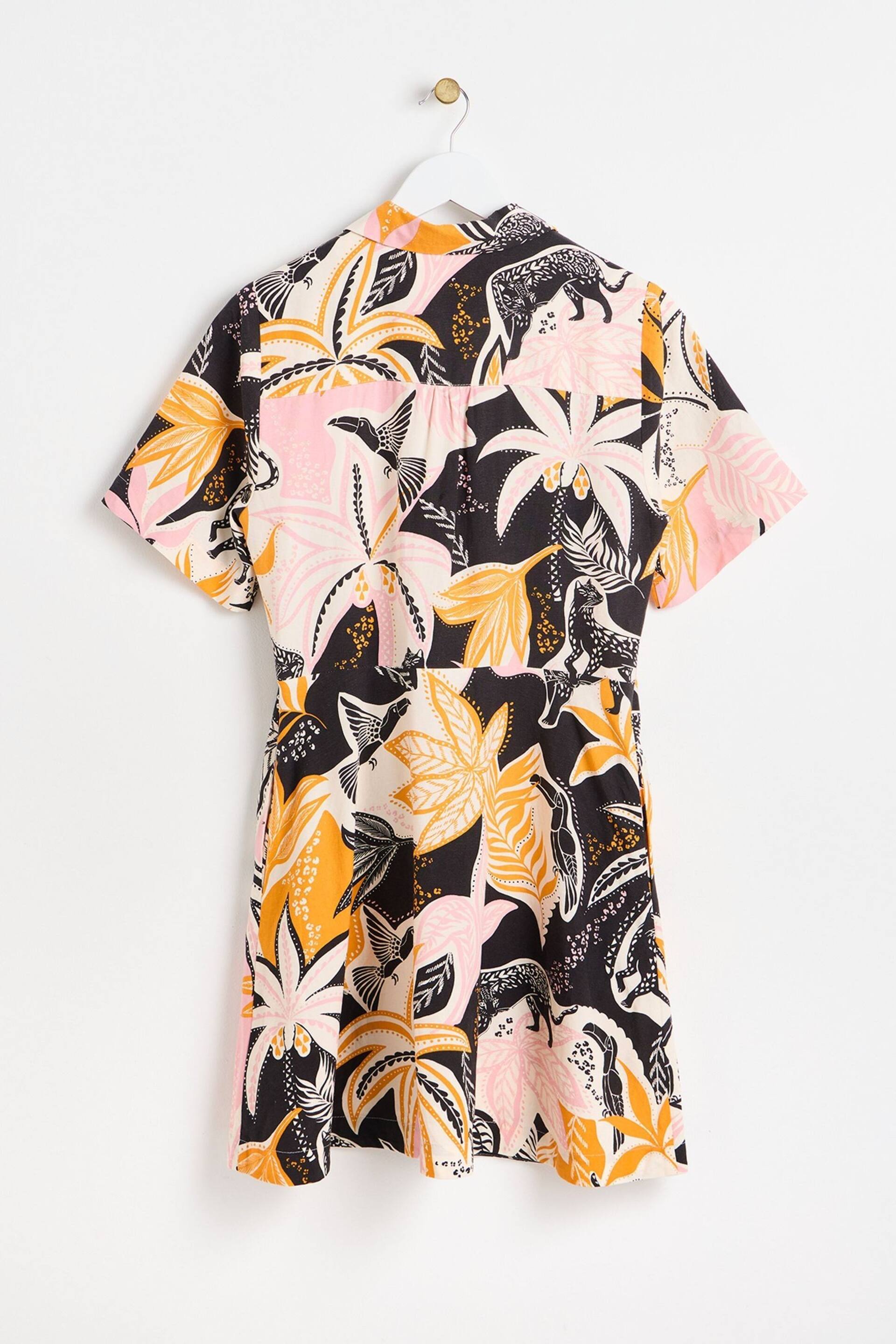 Oliver Bonas Pink And Orange Tropical Print Mini Black Shirt Dress - Image 4 of 8