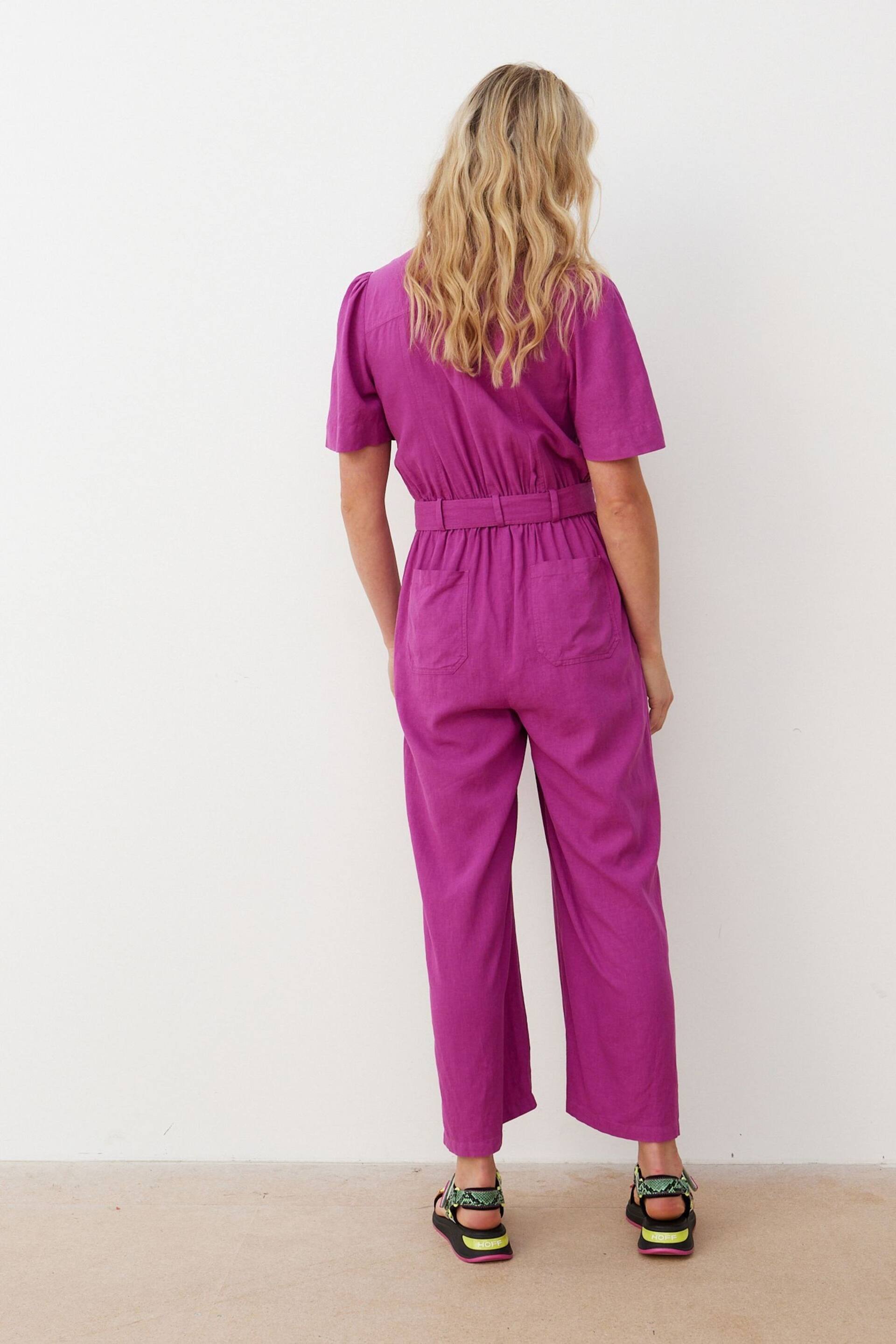 Oliver Bonas Purple Belted Linen Jumpsuit - Image 7 of 8