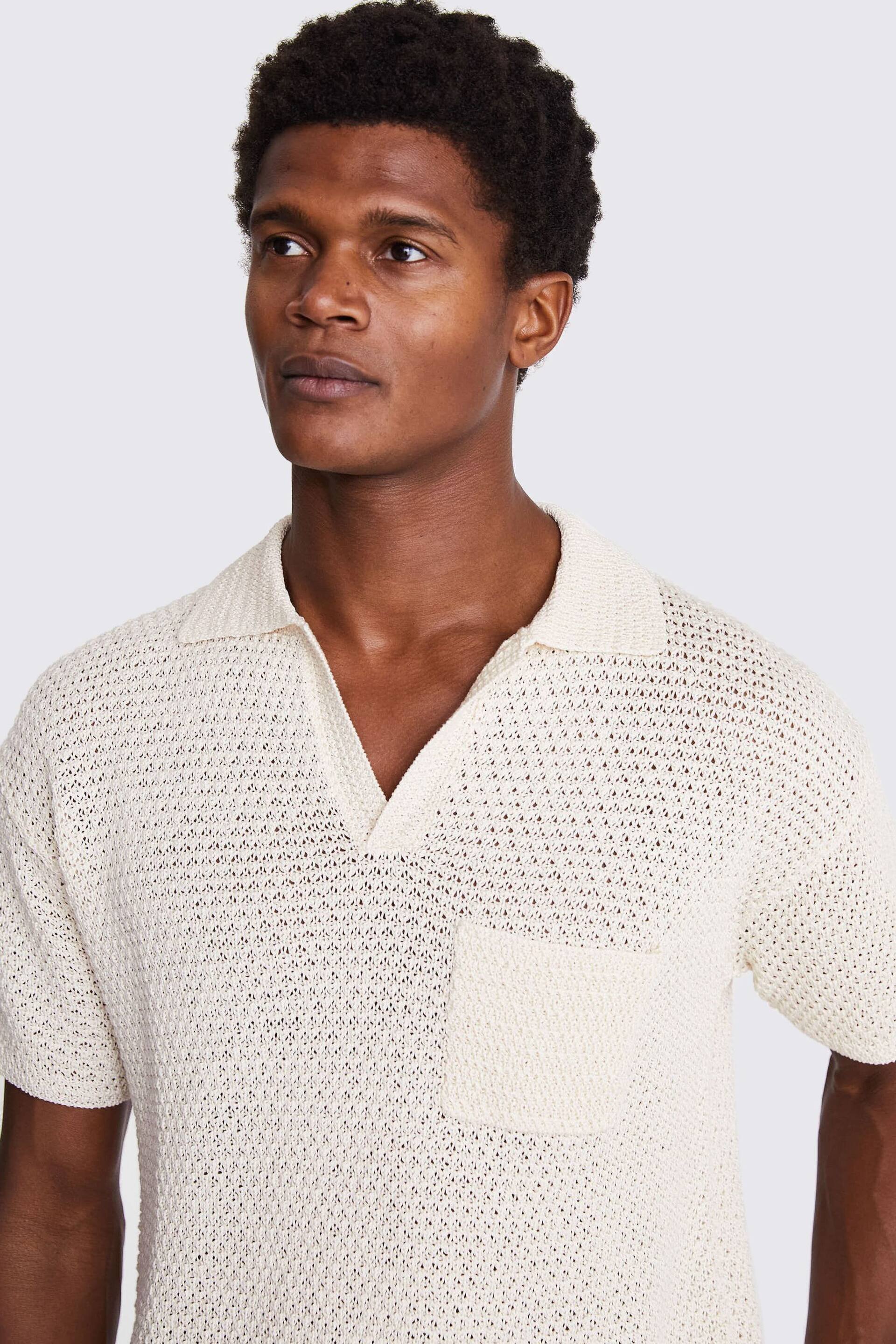MOSS Ecru Natural Open Knit Skipper Polo Shirt - Image 4 of 5