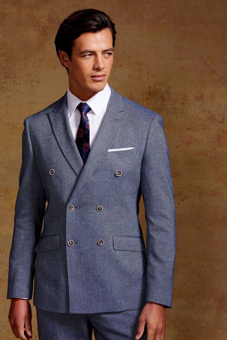 Skopes Blue Tailored Fit Herringbone Double Breasted Suit: Jacket - Image 1 of 7