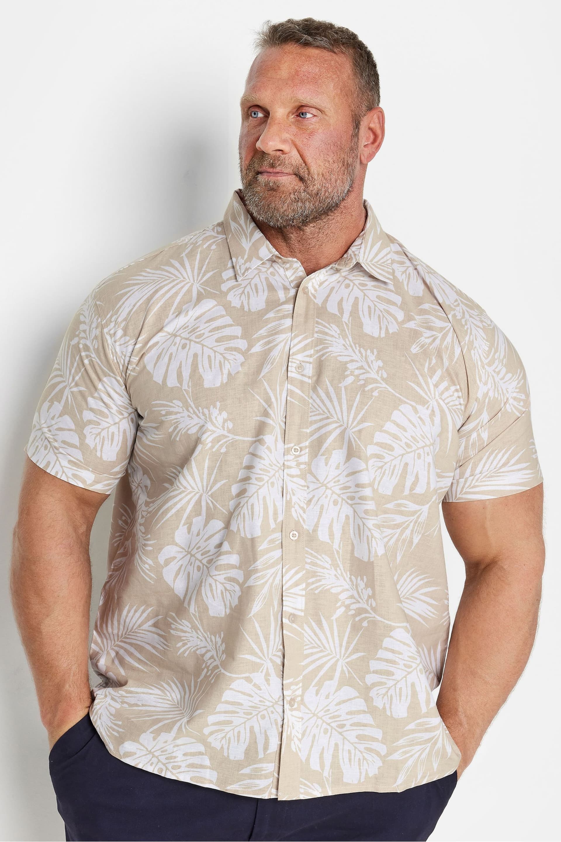 BadRhino Big & Tall Natural BadRhino Neutral Brown Premium Tropical Print Short Sleeve Linen Shirt - Image 2 of 4