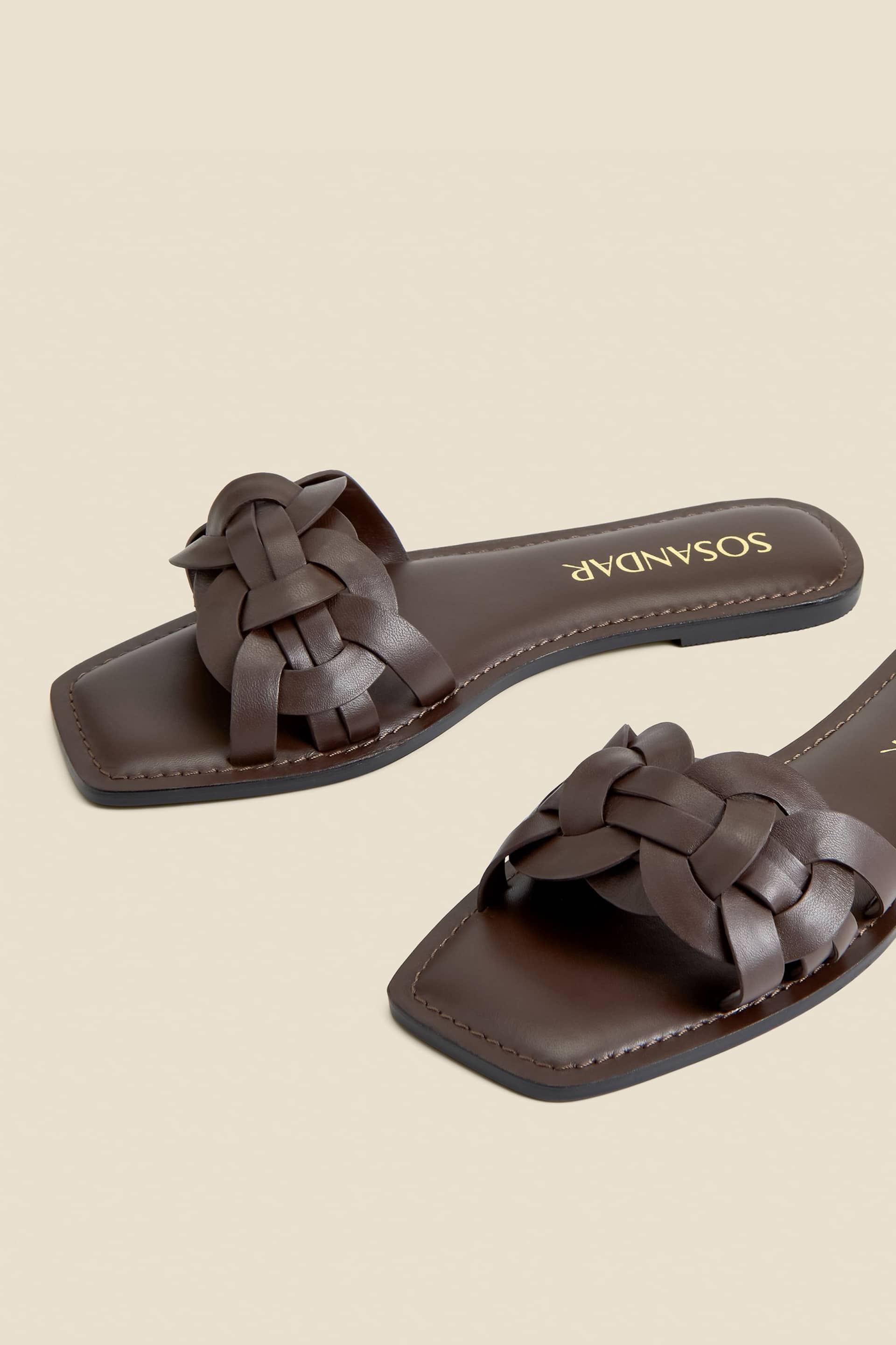Sosandar Brown Leather Woven Strap Sandals - Image 3 of 3