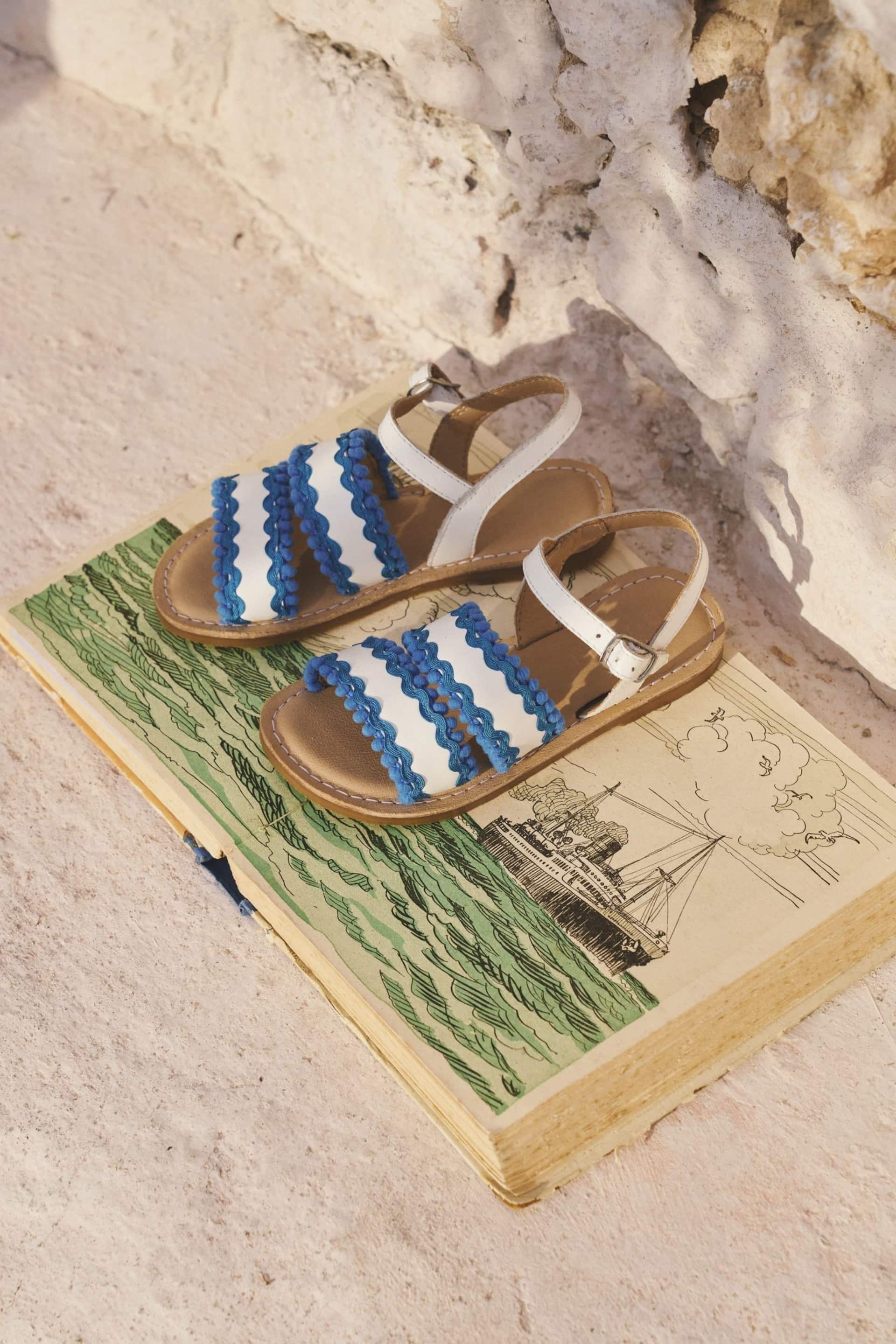 Boden White/Blue Pom Pom Trim Sandals - Image 1 of 1