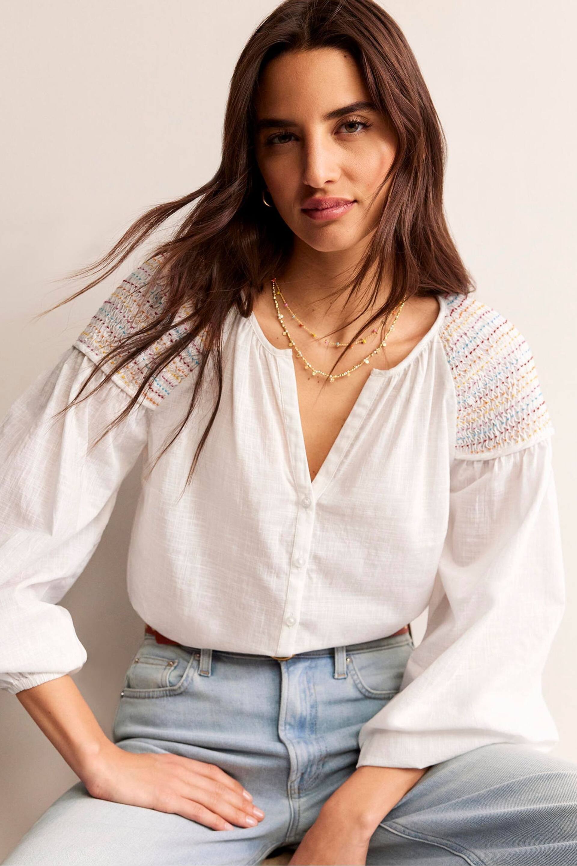 Boden White Cotton Smocked Blouse - Image 1 of 5