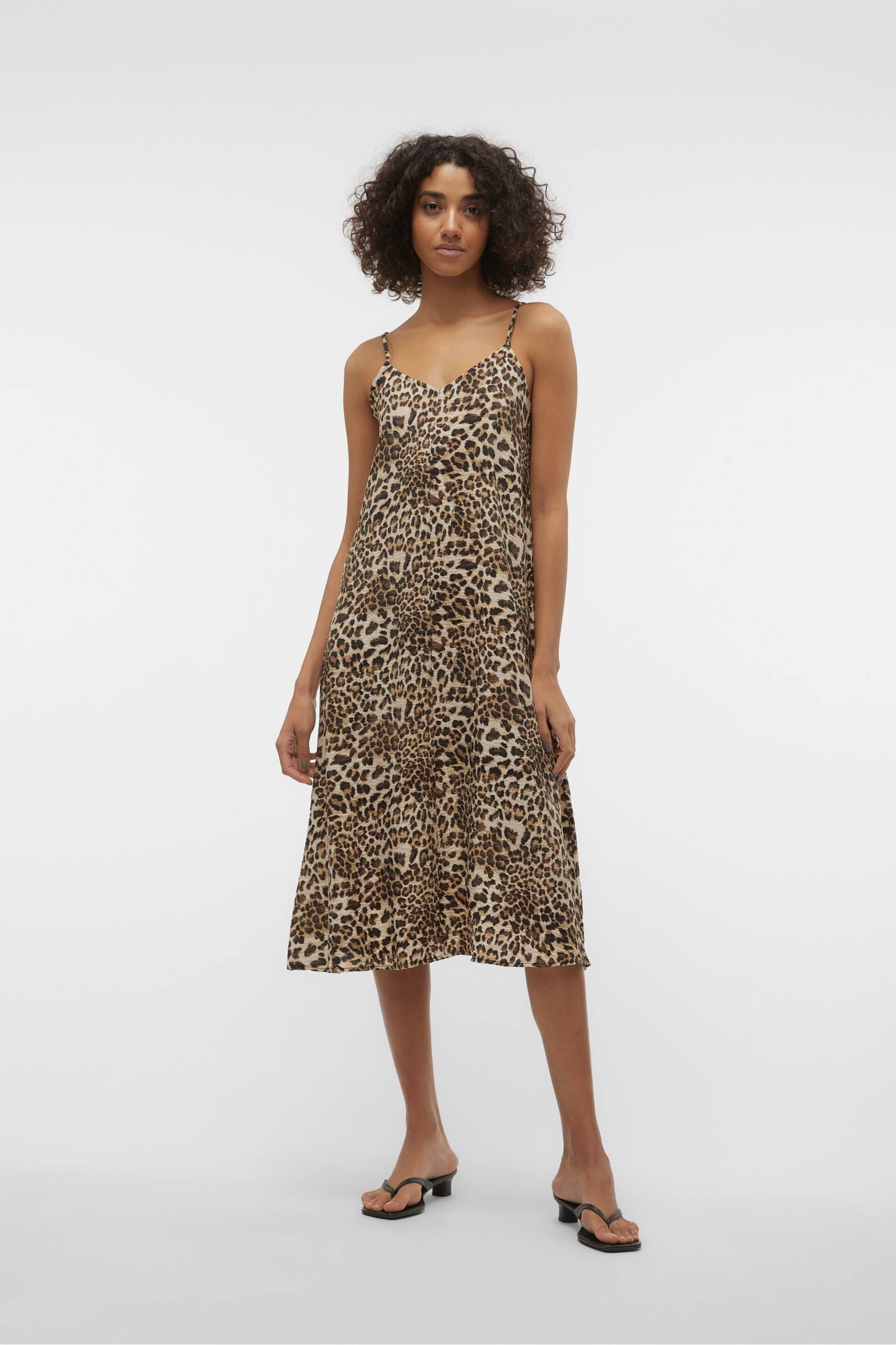 VERO MODA Brown Leopard Print Midi Cami Summer Dress - Image 4 of 7