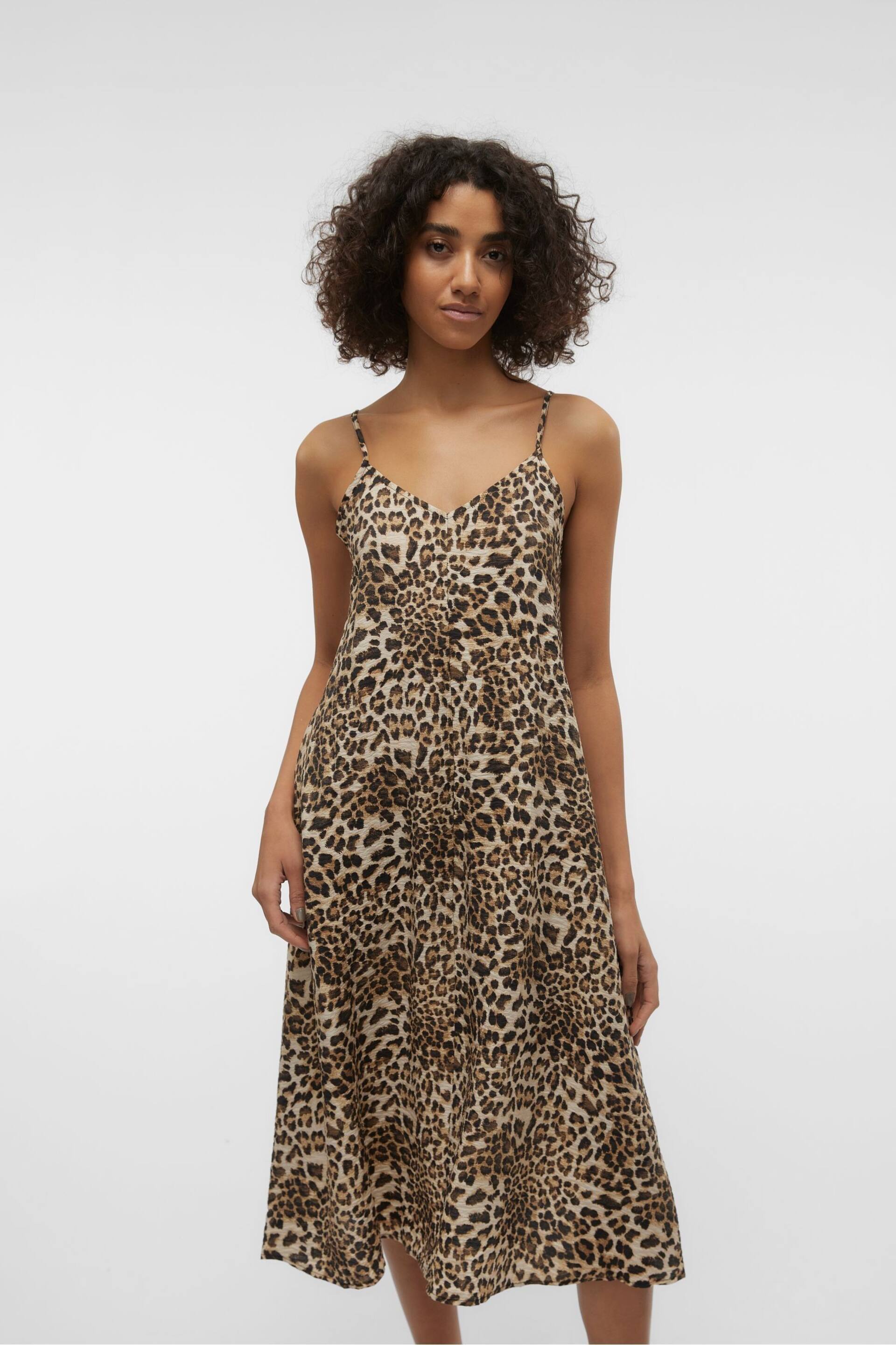 VERO MODA Brown Leopard Print Midi Cami Summer Dress - Image 5 of 7