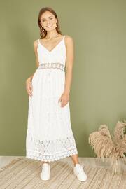 Yumi White Lace Midi Sundress With Tassel Tie and Ruched Back - Image 1 of 5