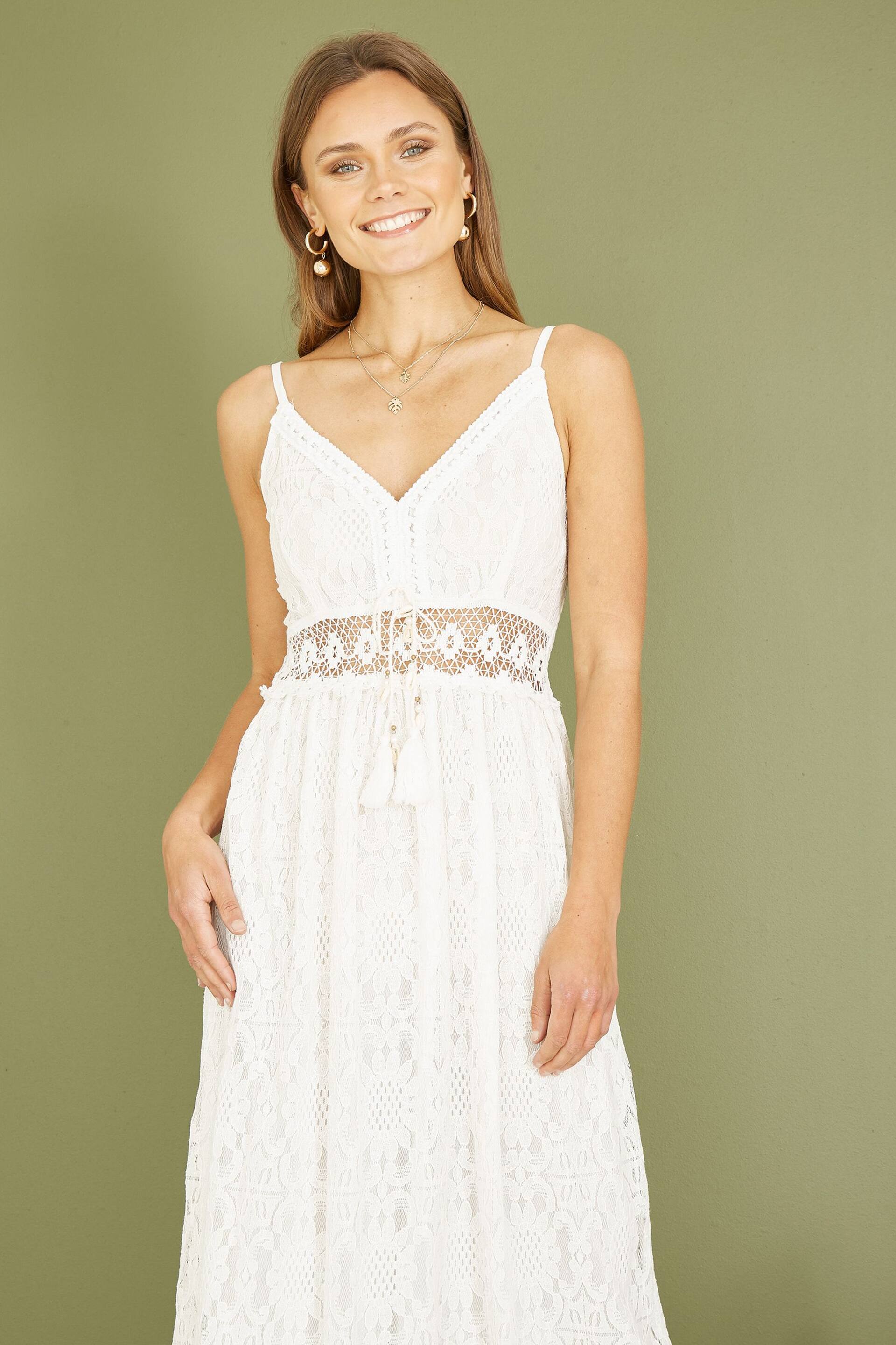 Yumi White Lace Midi Sundress With Tassel Tie and Ruched Back - Image 2 of 5