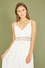 Yumi White Lace Midi Sundress With Tassel Tie and Ruched Back - Image 3 of 5