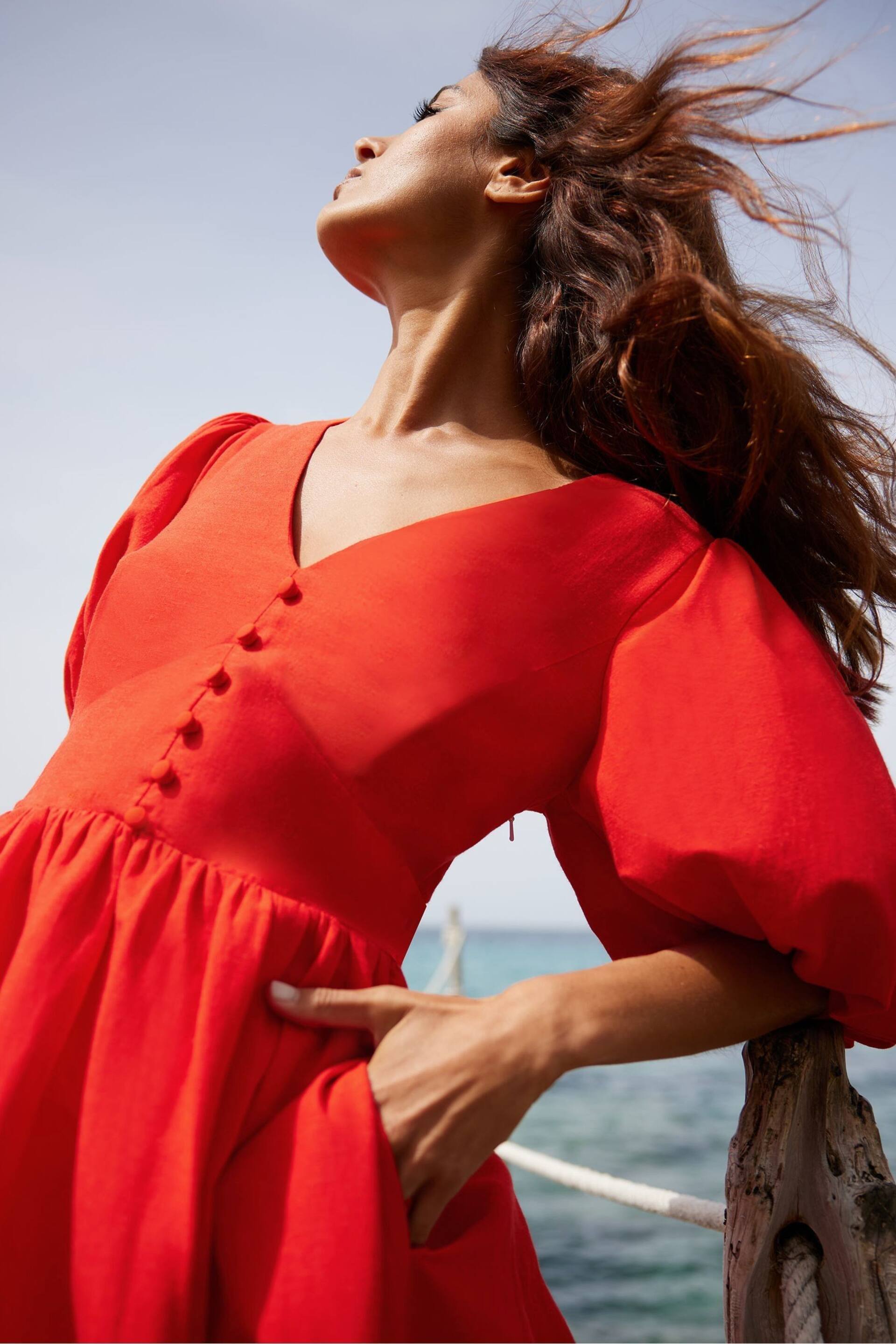 Ro&Zo Linen Blend Puff Sleeve V-Neck Midi Dress - Image 2 of 6