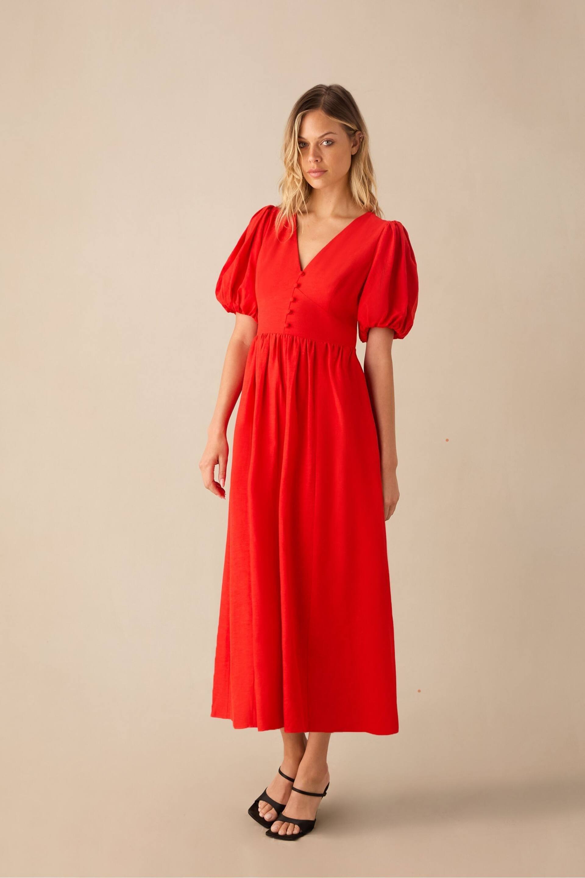 Ro&Zo Linen Blend Puff Sleeve V-Neck Midi Dress - Image 3 of 6