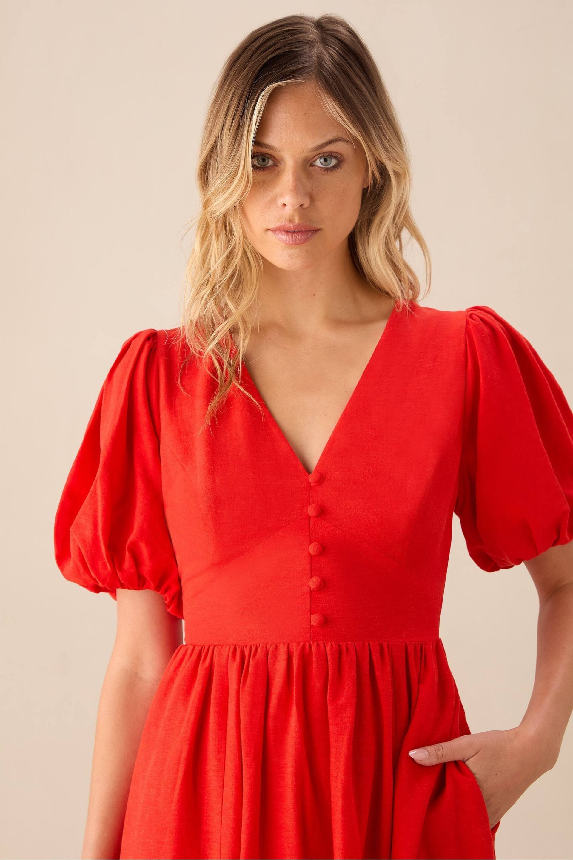 Ro&Zo Linen Blend Puff Sleeve V-Neck Midi Dress - Image 4 of 6