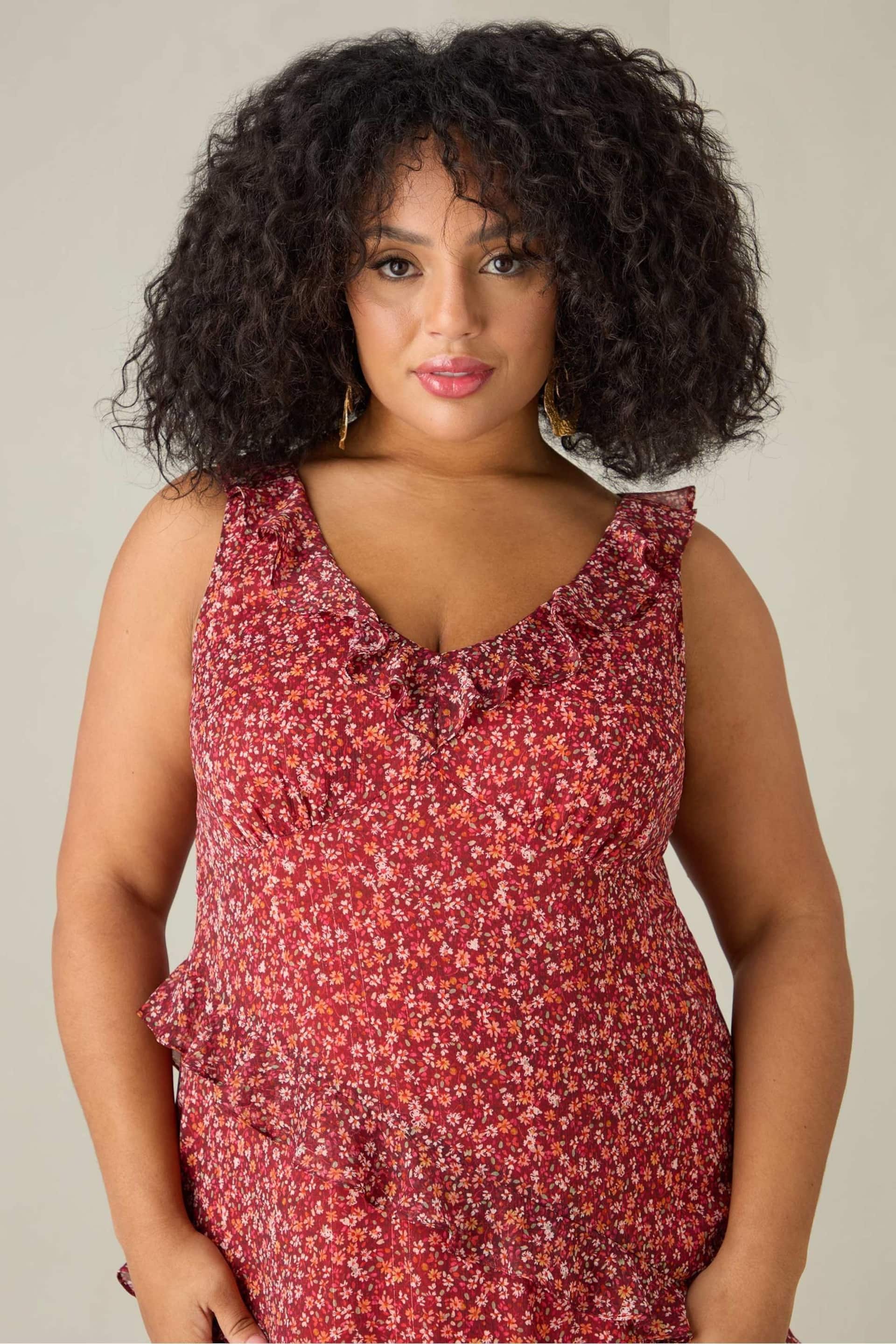 Live Unlimited Curve Red Floral Metallic Frill Midaxi Dress - Image 4 of 7