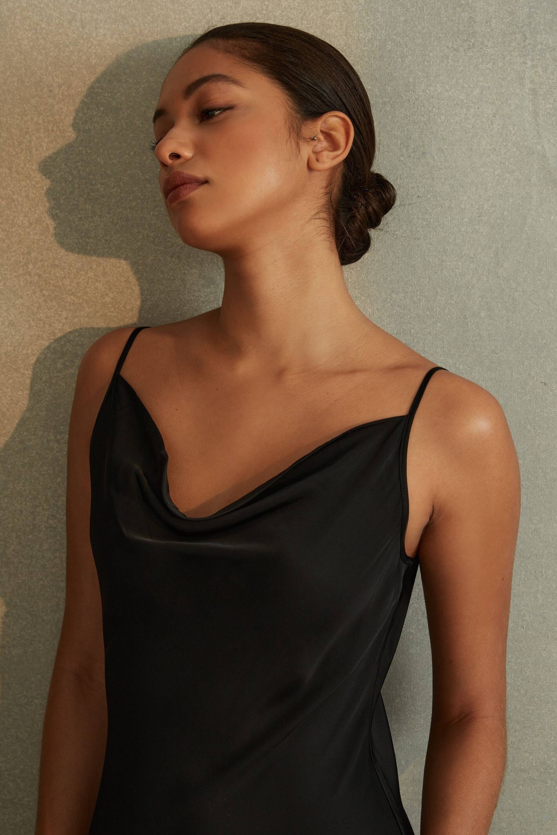 Reiss Black Isabel Satin Cowl Neck Midi Dress - Image 3 of 5