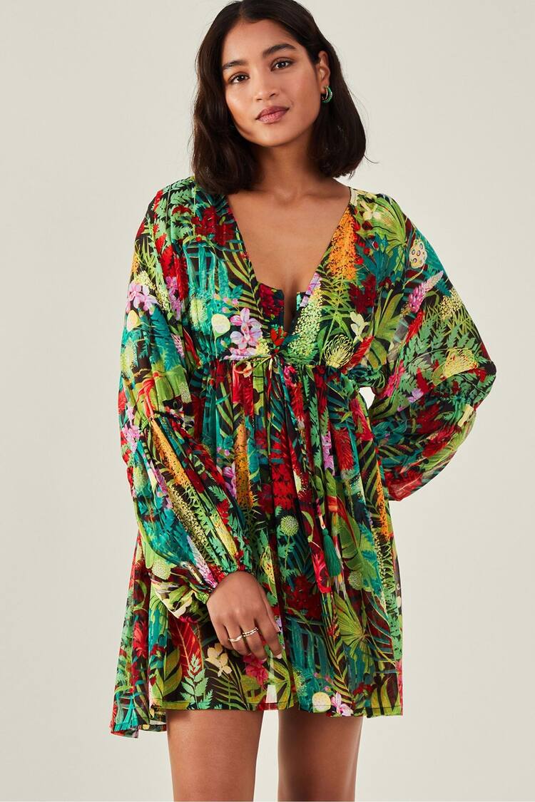 Accessorize Multi Jungle Print Long Sleeve Mini Beach Dress - Image 1 of 3