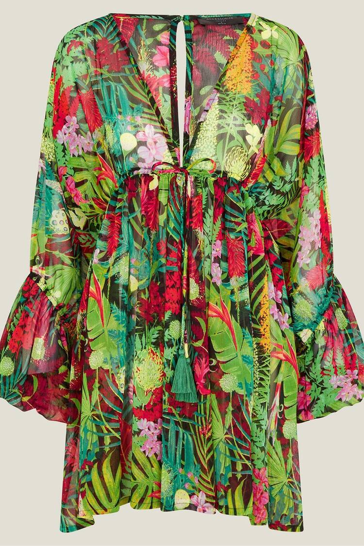 Accessorize Multi Jungle Print Long Sleeve Mini Beach Dress - Image 3 of 3