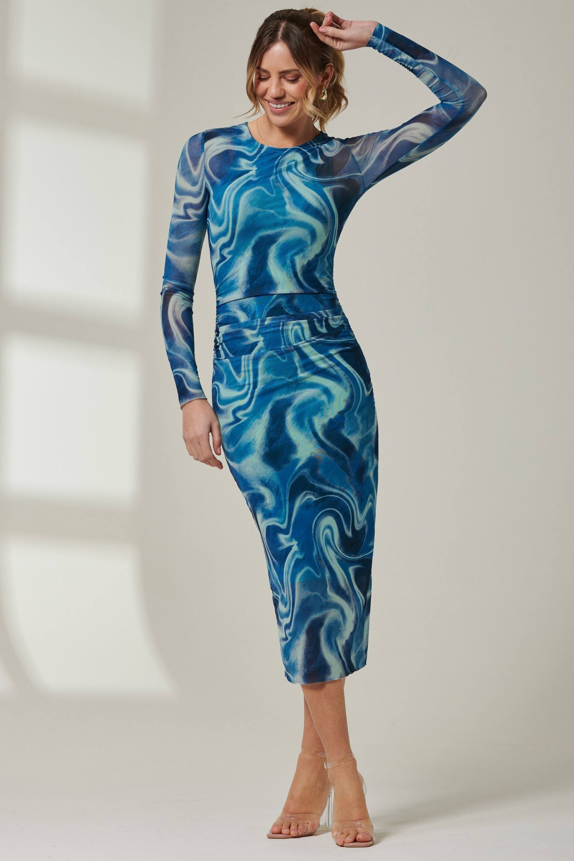 Jolie Moi Blue Mabyn Mesh Long Sleeve Midaxi Dress - Image 4 of 6