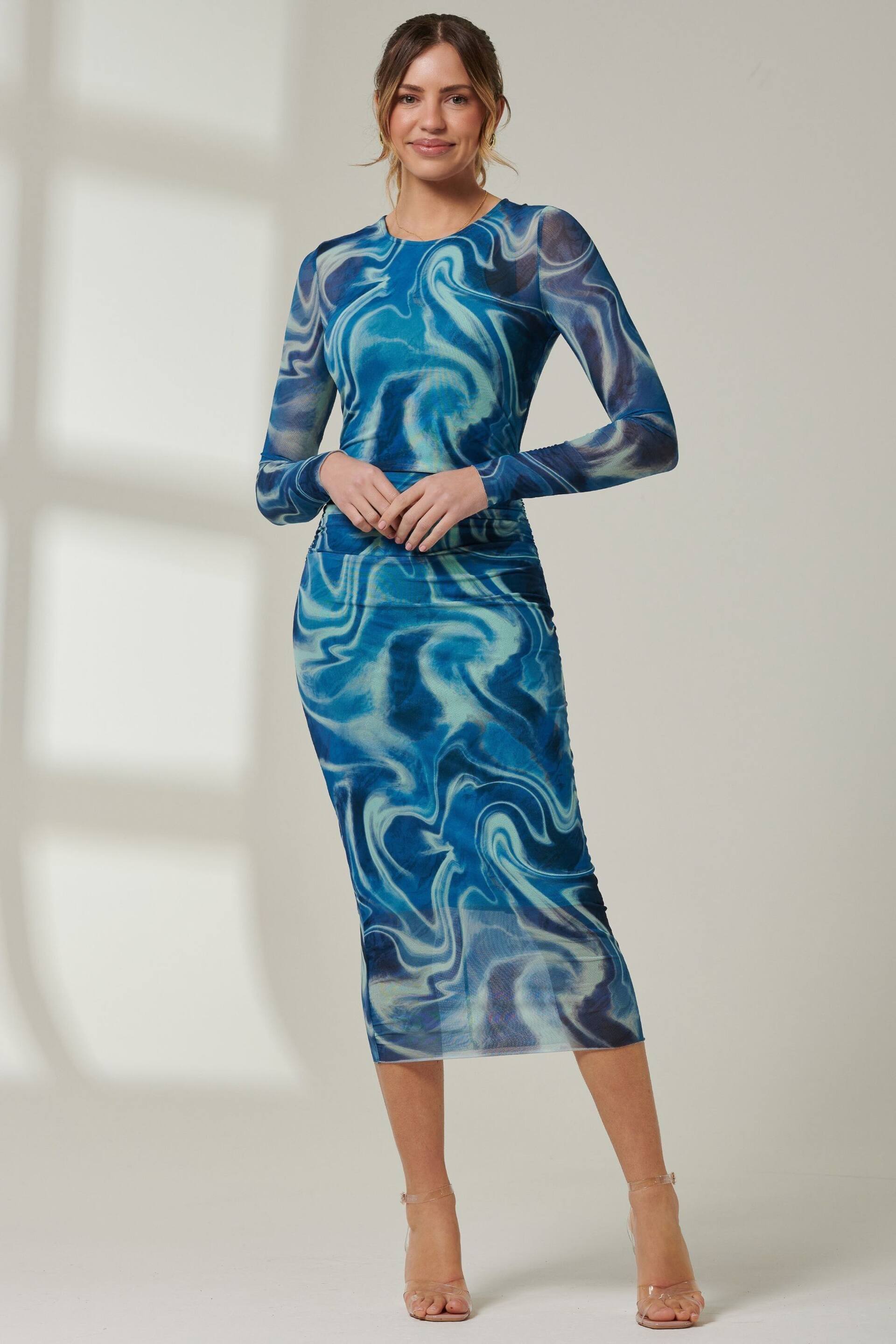 Jolie Moi Blue Mabyn Mesh Long Sleeve Midaxi Dress - Image 5 of 6