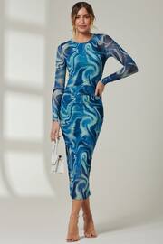 Jolie Moi Blue Mabyn Mesh Long Sleeve Midaxi Dress - Image 6 of 6