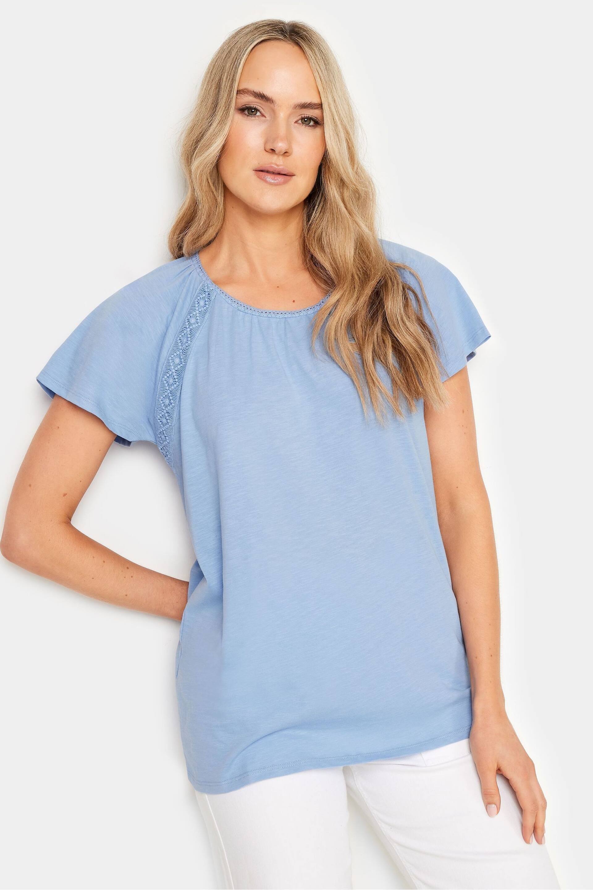 Long Tall Sally Blue Crochet Detail Raglan T-Shirt - Image 1 of 5