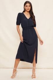 Friends Like These Navy Puff Sleeve Ruched Waist V Neck Midi Summer Dress - Image 1 of 4