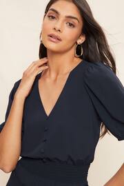 Friends Like These Navy Puff Sleeve Ruched Waist V Neck Midi Summer Dress - Image 2 of 4