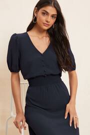 Friends Like These Navy Puff Sleeve Ruched Waist V Neck Midi Summer Dress - Image 3 of 4