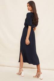Friends Like These Navy Puff Sleeve Ruched Waist V Neck Midi Summer Dress - Image 4 of 4