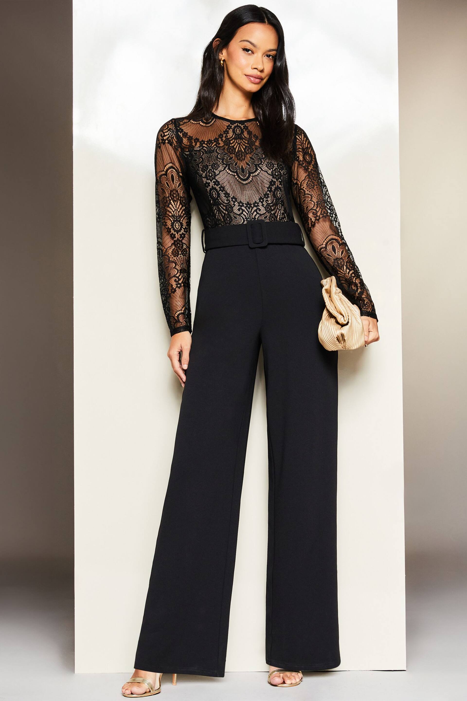 Lipsy Black Petite Wide Leg Long Sleeve Lace Sweetheart Belted Jumpsuit - Image 1 of 4