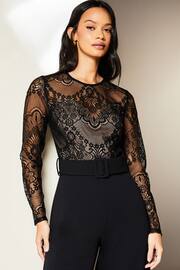 Lipsy Black Petite Wide Leg Long Sleeve Lace Sweetheart Belted Jumpsuit - Image 3 of 4