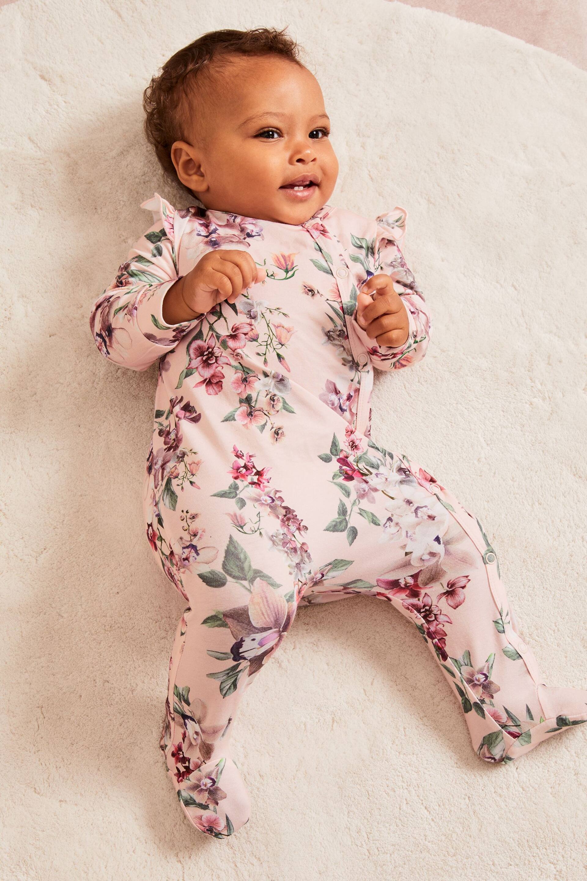 Lipsy Light Pink Floral Baby Sleepsuit - Image 3 of 7