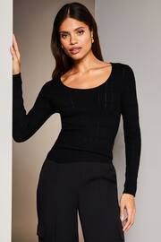 Lipsy Black Petite Long Sleeve Scoop Neck Fine Cable Knitted Jumper - Image 1 of 4