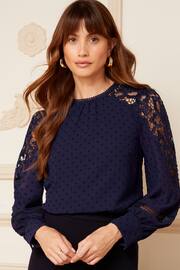 Love & Roses Navy Blue Petite Long Sleeve Lace Dobby Spot Mix Blouse - Image 1 of 4