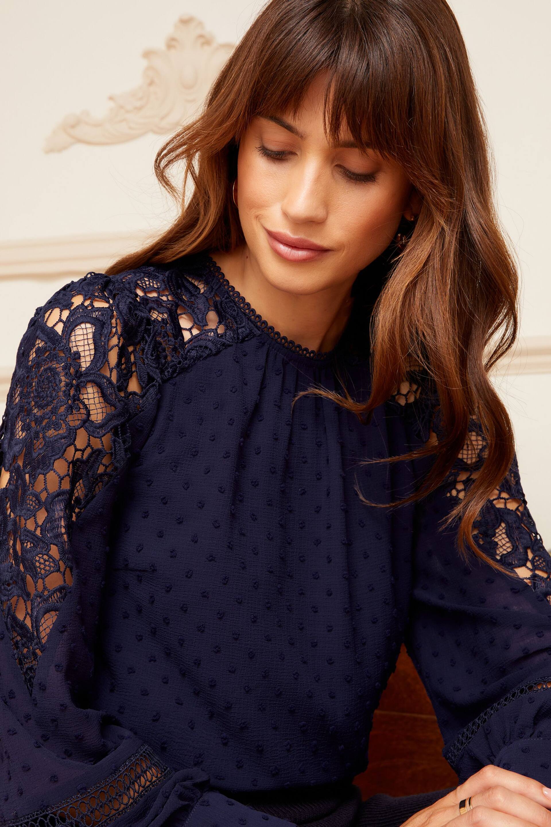 Love & Roses Navy Blue Petite Long Sleeve Lace Dobby Spot Mix Blouse - Image 2 of 4