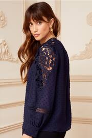 Love & Roses Navy Blue Petite Long Sleeve Lace Dobby Spot Mix Blouse - Image 3 of 4